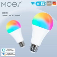 Moes หลอดไฟไฟ LED สมาร์ท WiFi หลอดไฟแบบหรี่ได้ Tuya 9W RGB C + W แอปชีวิตอัจฉริยะอุปกรณ์ปรับเสียงกีต้าร์ Lexa G Oogle E27เสียง90-250V 806lm