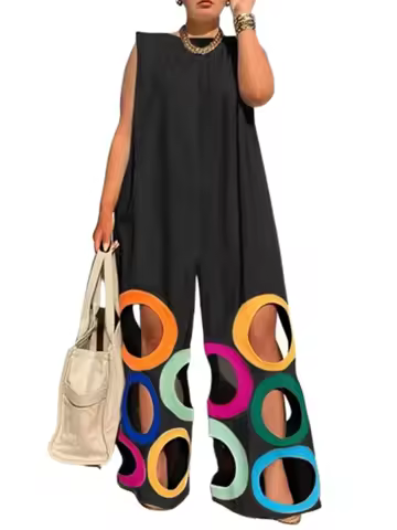 UOOZEE Women's Summer Colorful Circle Cutouts Hollow Out Jumpsuits Sleeveless Oversized Urban Casual