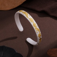 925 Silver Jewelry Carved Gilt Gold Opening 925 Silver Bracelet Female Temperament High-End Retro Ch