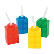 Fun Express Set of 8 Pieces Brick Block Party Cups with straws, Holds 16 oz, BPA Free Plastic, Party