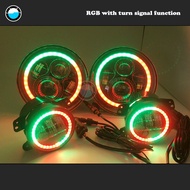 Bluetooth APP Control 7Inch Round LED Headlights RGB Halo and RGB 4inch Fog lamp For Jeep Puch Kenwo