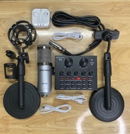 Combo 5 món Bộ mic hát thu âm livestream soundcard V8 và mic Bm900 có dây  kèm tai nghe giá đỡ mic v