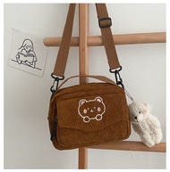 bangkokshop(B1891) กระเป๋าสะพายข้างผ้าลูกฟูกใบเล็ก หน้าน้อนหมี