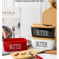 Nordic Butter Box Sealing Wood Lid Knife Food Dish Ceramic Keeper Tool Cheese Storage Tray Plate Container For Kitchen