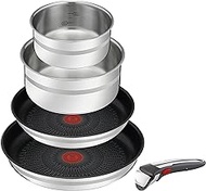 Jamie Oliver by Tefal Ingenio L9769632 5-Piece Stainless Steel Set, 1 Removable Handle, 2 Coated Pans, 2 Saucepans, Induction, Oven-Safe, Space-Saving