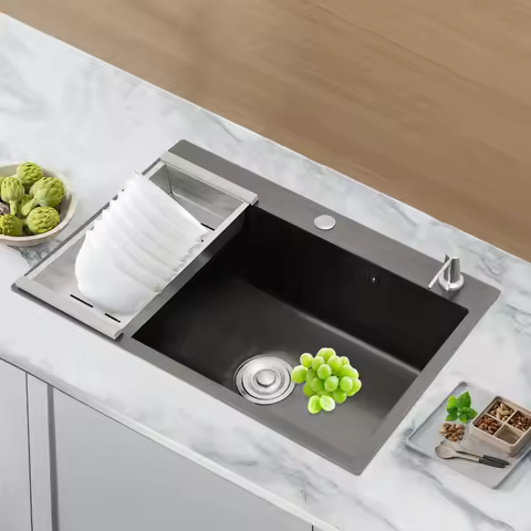 68×45cm Sink with V-shaped Drainer and Drain Basket and Soap Dispenser Anti-overflow Kitchen Sink St