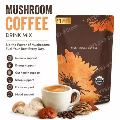 Organic Mushroom Blend Powder Lion's Mane Reishi, Gut Health & Energy Support, 48mg Caffeine, Gluten