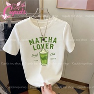 Cupids Vintage Matcha Beverage Typology Graphic Women Casual Streetwear Loose Fit T‐Shirt