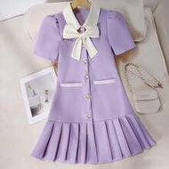 Tween Girl Casual Elegant Bow Decor Short Sleeve Pleated Dress, Suitable For Spring/Summer School Un