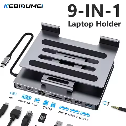 KEBIDUMEI 9 in 1 USB C Hub Foldable Docking Station Type-C to Gigabit RJ45 HDTV 4K PD100W Stand Comp