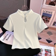 Tops 上衣 中式上衣 大码上衣 大码新中式国风盘扣短袖t恤女夏季2025新款修身显瘦纯色短款上衣plus-size Top10.31