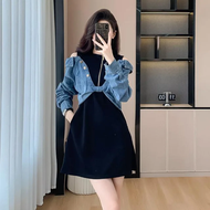 Vintage Denim PatchworkชุดสตรีPetite Off-The-Shoulderแฟชั่นSlimming A- Line Illusion 2 ชิ้นตู้เสื้อผ