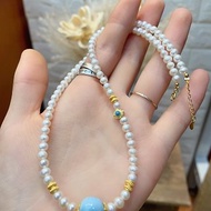 天然原色淡水米型珍珠 海紋石設計多圈手鍊項鍊s