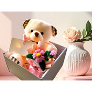 Gift Box Set Ideas With Small Teddy Bear and Mini Flower Bouquet for Valentines Birthday Anniversary