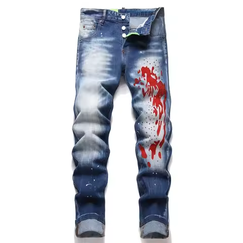 2025 new design D2 Men Jeans Biker Moto Designer Patchwork Slim hole Denim Pants Male Trousers butto