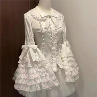 เสื้อเชิ้ตแขนยาวลูกไม้สีดำ ชุดเดรส Lolita แขนยาว สไตล์ญี่ปุ่น ชุดทำงาน ชุดทำงาน เสื้อเชิ้ตแขนยาวสีขา