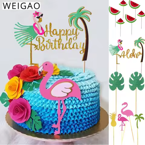 Summer Birthday Party Cake Toppers Cupcake Decor Flamingo Pineapple Aloha Cake Decorating Supplies f