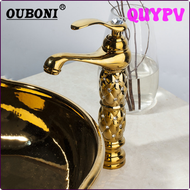 QUYPV OUBONI ก๊อกน้ำอ่างล้างหน้าในห้องน้ำชุบทองหรูหราแบบสั้นสูงซิงค์มีที่จับอันเดียวก็อกน้ำแบบวาล์วผสม APITV