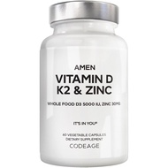 Amen Vitamina D, K2 y zinc, colecalciferol D3 5000 UI, mezcla orgánica de alimentos integrales con m