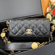 CHANEL香奈兒 22b金幣woc法棍金扣菱格紋皮穿鏈可調節短肩帶