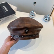 Chrome Hearts Beret Leather Fabric Brown Metal LOGO Retro CP