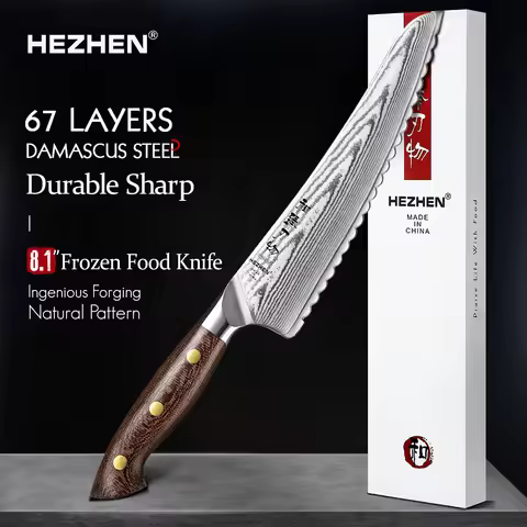 HEZHEN 8.1 Inches Frozen Food Knife 67 Layers Damascus Steel Micarta Handle Kitchen Frozen Meat Kniv
