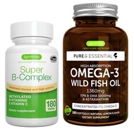 Super B-Complex + High Absorption Omega-3 Wild Fish Oil 1360mg Bundle, Methylated Sustained Release 
