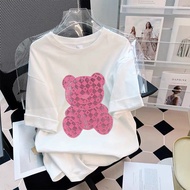 【40-150KG】 Summer Women's Short Sleeve T-Shirt 150kg Plus Size Loose Fit Creative Pink Bear for Fat 