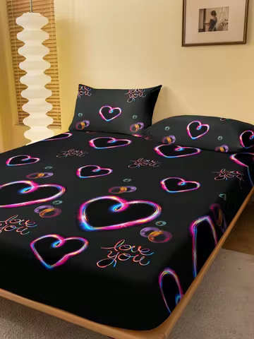 3PCS Fitted Sheet Set Neon Hearts Printed Flat Set With 2 Pillowcases Simple Style Romantic Pattern