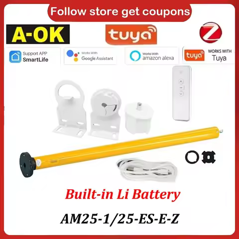 A-OK AM25 Smart Motor for Roller Shutters Zigbee Tuya Compatible with Li Battery RF433 Alexa Google 