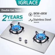 IGRLACE 8KW Stainless Steel Gas Stove Built-in /Tabletop Double Burner Cooker Liquefied Hob Gas Stove Dapur Gas 不锈钢燃气灶