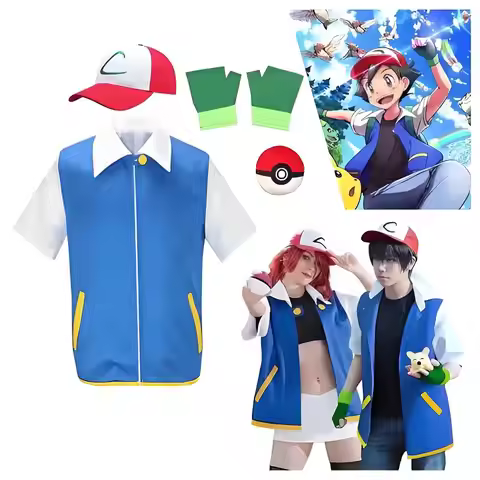 Anime Trainer Cosplay Costume Full Set,Blue Spliced Jacket with Cap Gloves& Elf Ball Prop,Halloween 