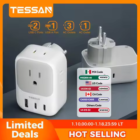 TESSAN US To EU Travel Adapter with 4 AC Outlets 3 USB Ports 7 in 1 Type E/F Plug Adaptor for Spain 