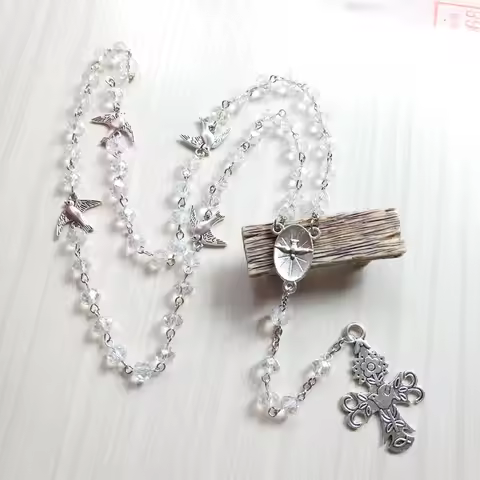 Dove Cross Necklace Pendant Transparent Crystal Rosary For Men Women Religious Prayer Jewelry