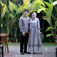 Gamis wanita couple muslim kekinian kain batik kombinasi tile premium