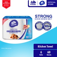Vinda Deluxe Kitchen Towel Rolls (6x60s) - 3x Oil Absorption, Non Stick & Leave Tissue Bits On The F