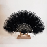 Classical Lolita Lace Feather Fan Cheongsam Catwalk Photo Feather Folding Fan Dark Lace Feather Fan 