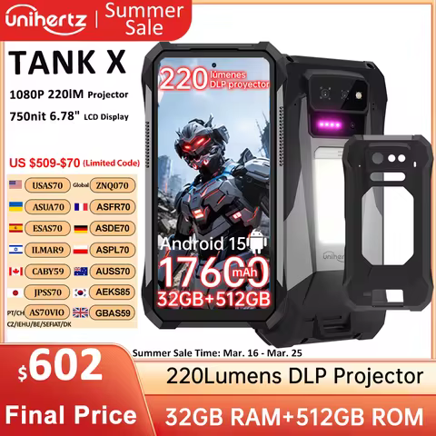 Unihertz by 8849 TANK X Rugged Smartphone 5G Android 15 Built-in 1080P 220 lumen DLP Projection 1760