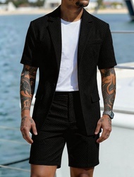 Men Suit Set Summer British Style Solid Color Short Sleeve Male Outfit Slim Breathable Business Wedd