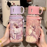 Thermos flask with tea strainer with girl pattern in oil painting style, 600ml capacity with conveni