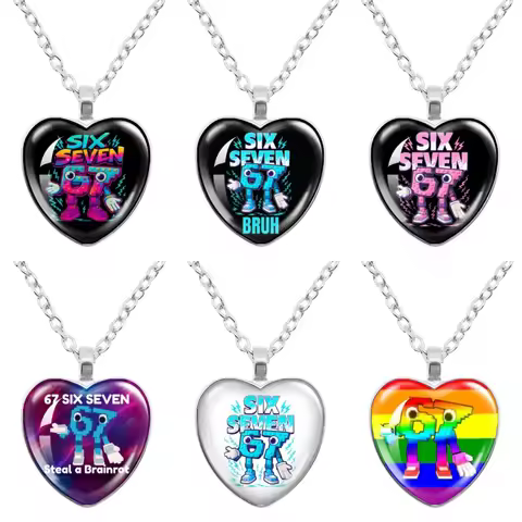 STEAL A BRAINROT Blue 67 Funny Meme Anime Cartoon Glass Heart-Shape Pendant Necklace Charm Jewelry F