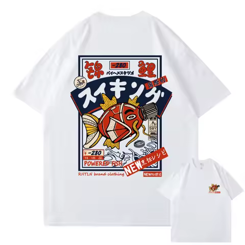 Hip Hop Streetwear Harajuku T-shirt Japanse Kanji Fish Print T-shirt 2024 Mannen Katoen Casual Korte
