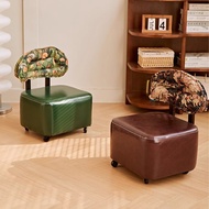 Household stool with swivel wheels, vintage-style swivel backrest stool, living room rolling stool, 