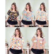 Military Collar Shirt With Lace Trim Around The Floral Print Dobby Fabric Decorated With A Real Butt