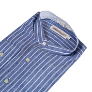 Hazard เสื้อเชิ้ตทำงานคอจีนแขนยาวลายทาง ผ้า Linen(ลินิน) สีน้ำเงิน