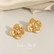 Love2Self E195 Vintage Matte Gold Flower Earrings for Women Hypoallergenic S925 Silver Studs Retro E