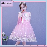 ANGUGU Kids Dress for Girl Princess Printed Frozen Tulle Skirt Cartoon Cute Sweet Lace Dresses On Sale Korean Party Cosplay Long Sleeve Autumn baju merdeka kanak kanak perempuan