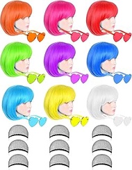 9 Pack Colored Wigs, Funky Colorful Wigs, Short Bob Hair Wigs, Neon Party Wigs, Cosplay Wigs with Ri