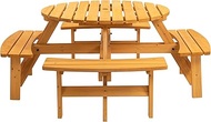 XNHAFW 8-Person Circular Outdoor Wooden Picnic Table - Round Patio with 4 Built-in Benches Umbrella 