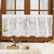 White Tier Curtains Kitchen Cafe Floral Embroidered Sheer Half Window Curtain Rod Pocket for Small Window